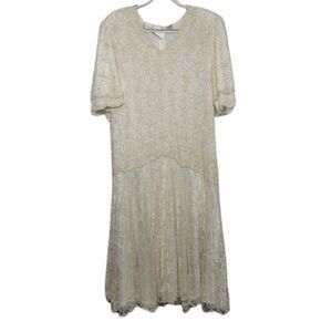 VINTAGE‎ 80s Laurence Kazar beaded lace cream wedding dress 2X
